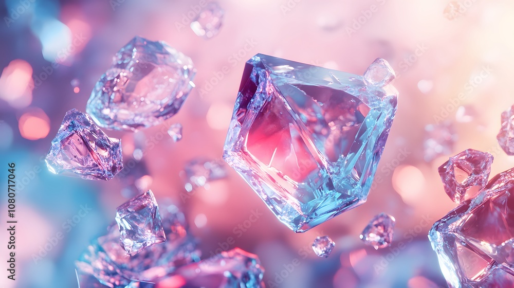 Poster a surreal digital background featuring floating, crystalline shapes in a high-tech, futuristic envir