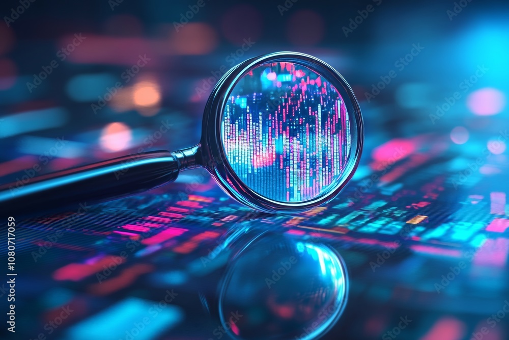 Poster a magnifying glass focuses on digital data with colorful graphs and charts, symbolizing analysis and