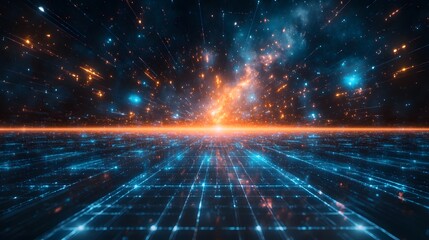 Obraz premium A hyper-futuristic grid landscape with neon blue pathways leading toward a vanishing point, set under a starry, conceptual sky. No text, no logo, wide angle shot, 4k resolution, cinematic scene