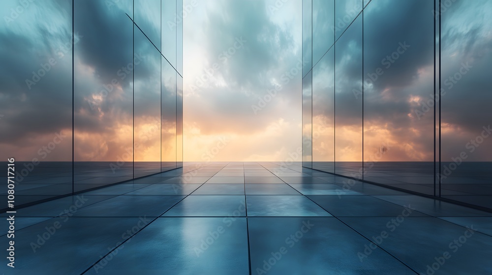 Aufkleber A conceptual sci-fi background with abstract, geometric forms hovering over a textured, metallic landscape, capturing a hyper-futuristic aesthetic. No text, no logo, wide angle shot, 4k resolution,