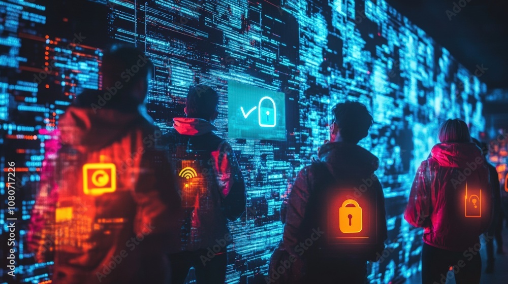 Poster silhouetted figures analyzing digital data on a high-tech neon screen.