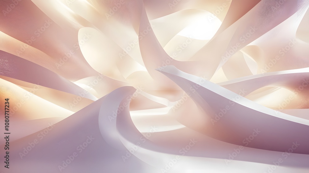 Poster a digital art piece with interlocking geometric shapes and soft, glowing edges, creating a surreal, 