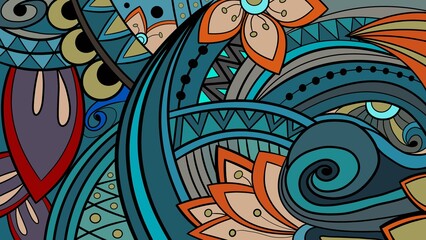 The background carries a tropical theme with a dynamic abstract touch. The combination of bright colors.Tropical floral motifs depicted with abstract lines and organic shapes give a modern and creatif