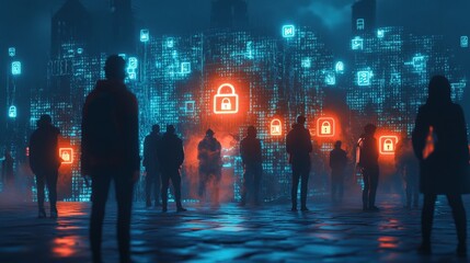 Silhouetted figures in digital space with glowing padlocks symbolizing cybersecurity at night.