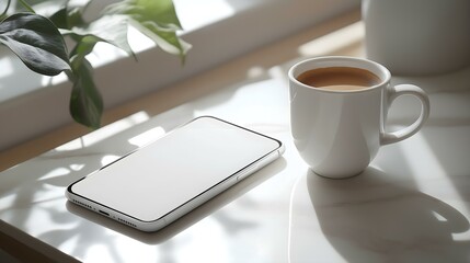 A serene morning scene featuring a cup of coffee next to a smartphone, illuminated by soft sunlight.