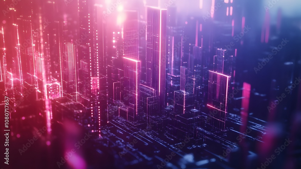 Poster a high-tech, conceptual digital landscape with glowing lines and abstract structures arranged in a s