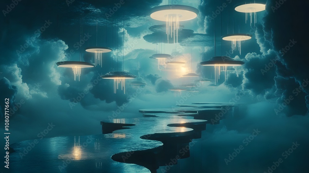 Poster a dreamlike sci-fi world with floating geometric shapes and illuminated, layered pathways stretching