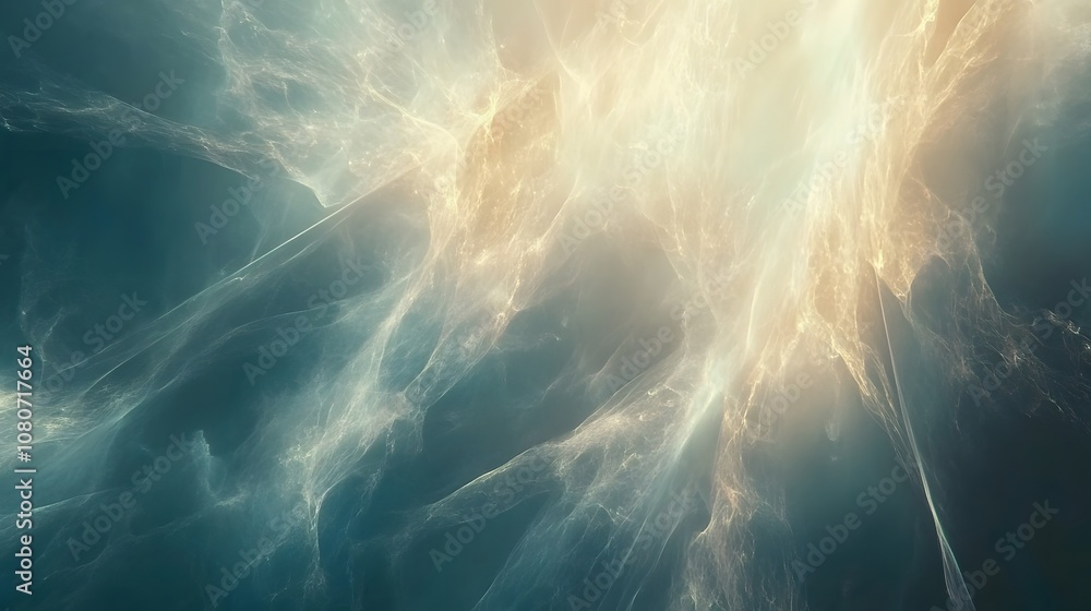 Poster a dreamlike sci-fi world with intersecting beams of light and translucent shapes, layered to create 