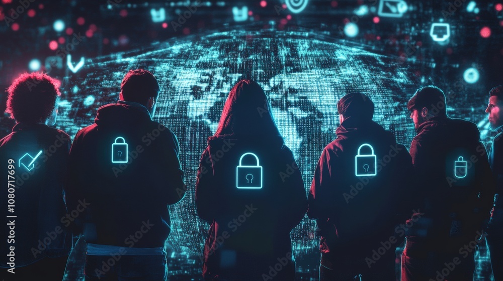 Poster silhouetted figures with digital lock icons showcasing cybersecurity in a tech-driven world.