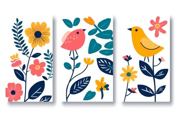 A delightful design showcases colorful birds nestled among charming flowers and lush greenery perfect for an inviting and festive occasion. This artistic layout adds joy to any celebration.