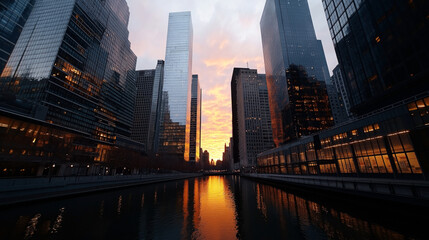 Cityscape with modern skyscrapers reflecting orange sunset over a waterway in an urban area with dramatic sky.