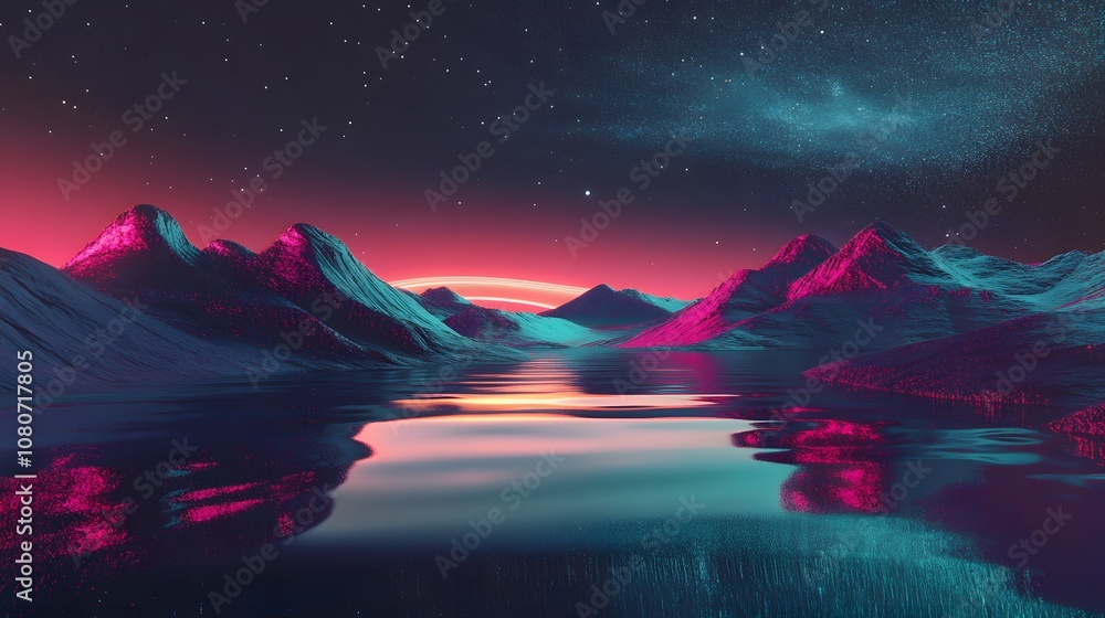 Poster a hyper-futuristic landscape with neon shapes and metallic textures, layered over a reflective surfa