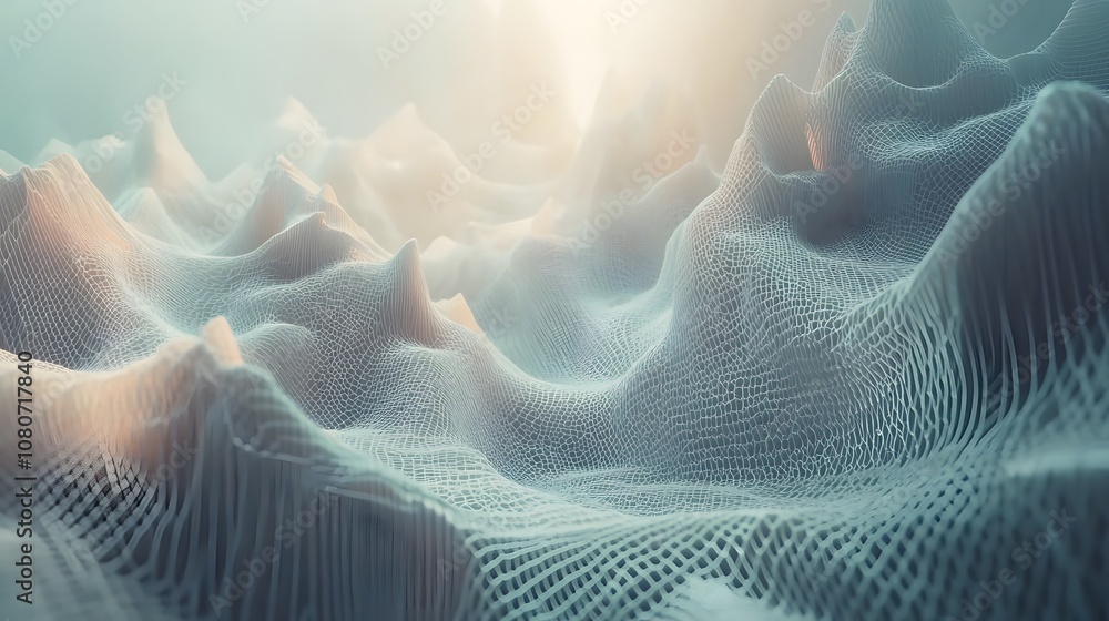 Poster A futuristic digital landscape with abstract structures and a soft glow, creating a surreal, high-tech environment. No text, no logo, wide angle shot, 4k resolution, cinematic scene