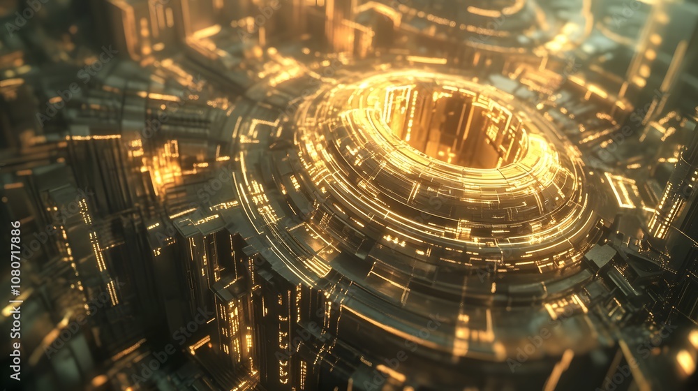 Poster a digital composition with metallic, abstract shapes and glowing highlights, creating a surreal, hyp