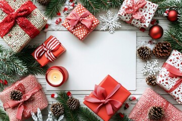 hyper realistic photo of  Flat Christmas background scene with fir branches, bows, candles, pinecones and snowflakes Free space for copy text on white board