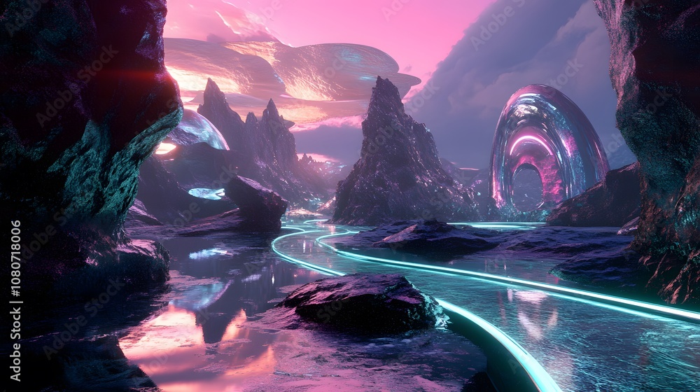 Poster a hyper-realistic digital landscape with neon pathways and reflective surfaces, blending conceptual 