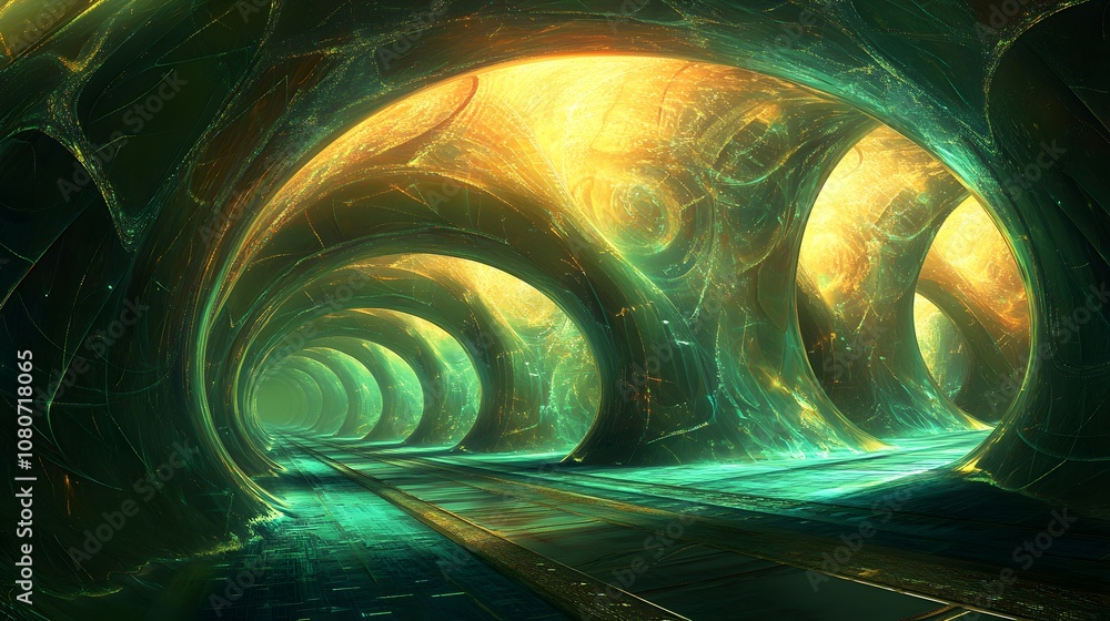 Poster A sci-fi inspired digital composition with glowing pathways and translucent structures, creating a surreal, high-tech feel. No text, no logo, wide angle shot, 4k resolution, cinematic scene