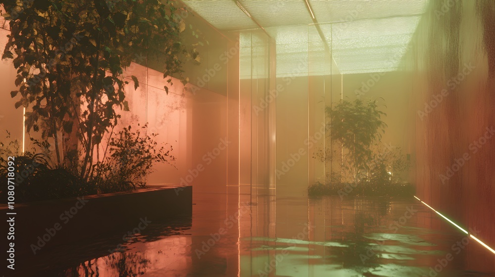Poster a surreal sci-fi background with translucent panels, soft neon lights, and a reflective surface, cap