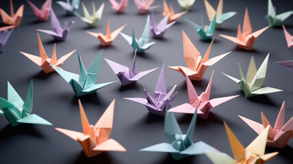 Obraz premium A 3D render of delicate origami cranes, each glowing softly in pastel colors. The cranes should be floating in a dark, minimalistic space, creating a serene and peaceful composition.