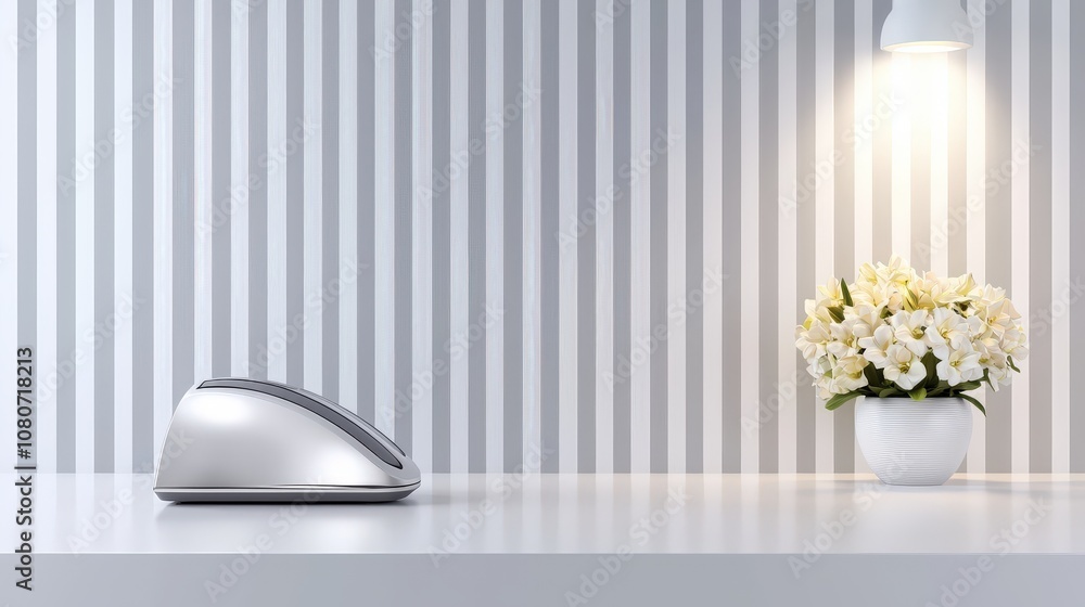 Poster modern iron with a neatly folded tie on a striped background, creating a sleek and organized scene w