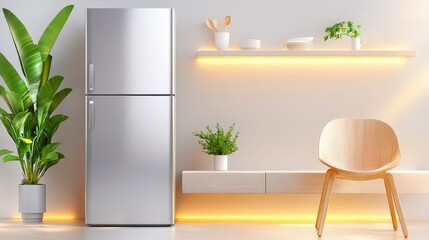 Modern kitchen with stainless steel refrigerator and wooden chair, cozy atmosphere with warm lighting and plants, minimalistic decor in background