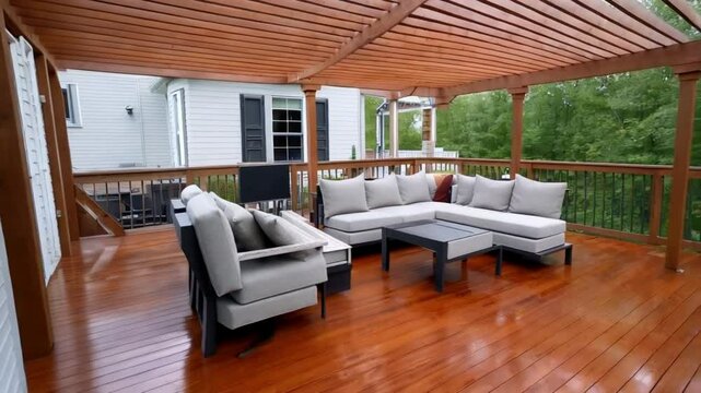 An outdoor deck renovation featuring fresh staining, modern outdoor furniture, and a newly installed pergola. The space is neatly staged, showcasing a perfect blend of style and comfort 