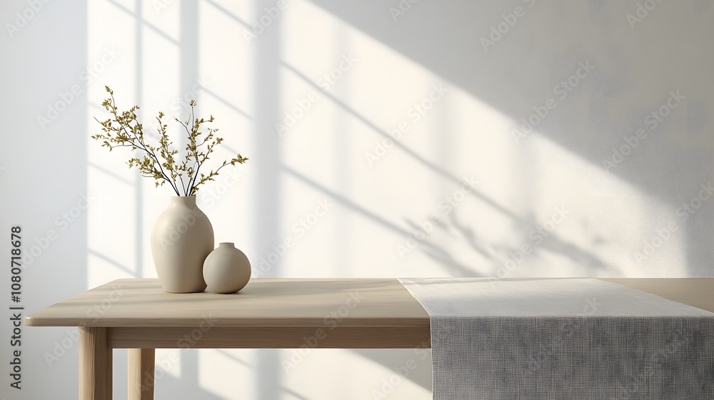 Poster a simple dining table with a neutral table runner and a single vase, set in a bright room with clean
