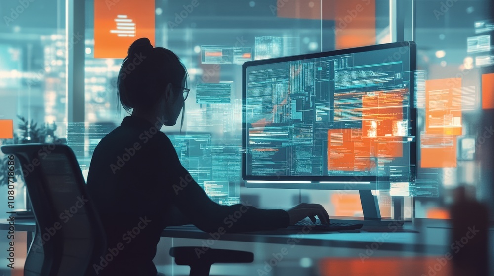 Poster woman coding at computer in modern office with digital interface elements.