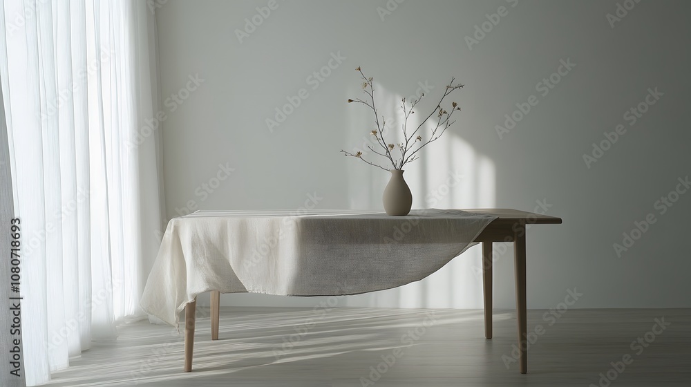 Poster A simple dining table with a neutral table runner and a single vase, set in a bright room with clean, white walls. No text, no logo, wide angle shot, Cinematic Scene, 4k resolution, cinematic scene
