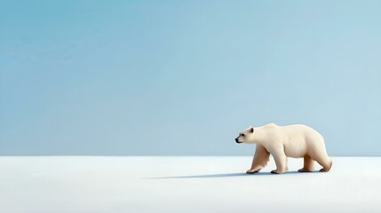 Fototapeta premium A solitary polar bear walking across a vast expanse of snow under a clear blue sky.