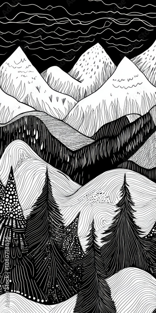 Poster a mountain range with trees in the foreground. the trees are black and white. the mountains are in t