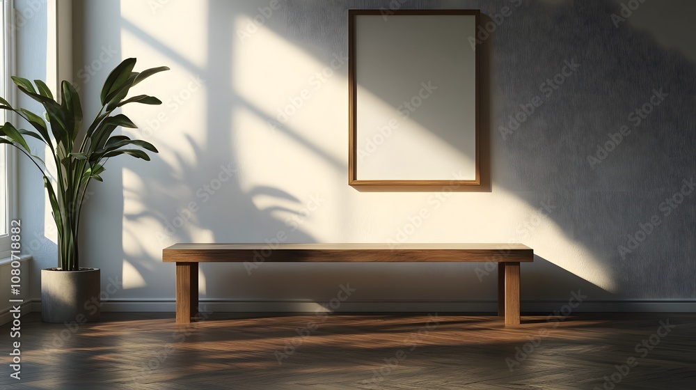 Poster a tidy entryway with a simple bench and a single piece of wall decor, capturing a minimalist, inviti