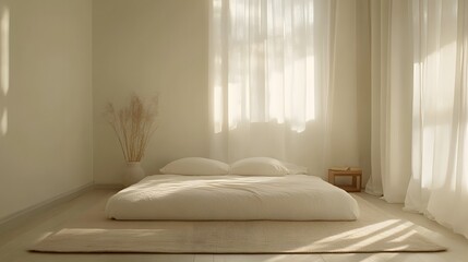 A clean, serene bedroom with a low bed, a soft rug, and a small bedside table in a neutral color scheme. No text, no logo, wide angle shot, Cinematic Scene, 4k resolution, cinematic scene