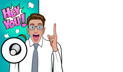 Business man with loudspeaker megaphone announcing discount or sale Special offer shopping time