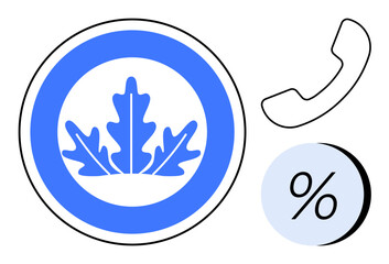 Blue leafy emblem inside a circle, a phone receiver icon and a percentage symbol. Ideal for branding, financial services, customer support, discount offers, nature-related businesses, communication