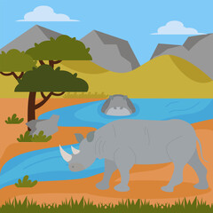 A rhino drinks water from a river in a grassy, rocky area, surrounded by distant hills and a bright sky.