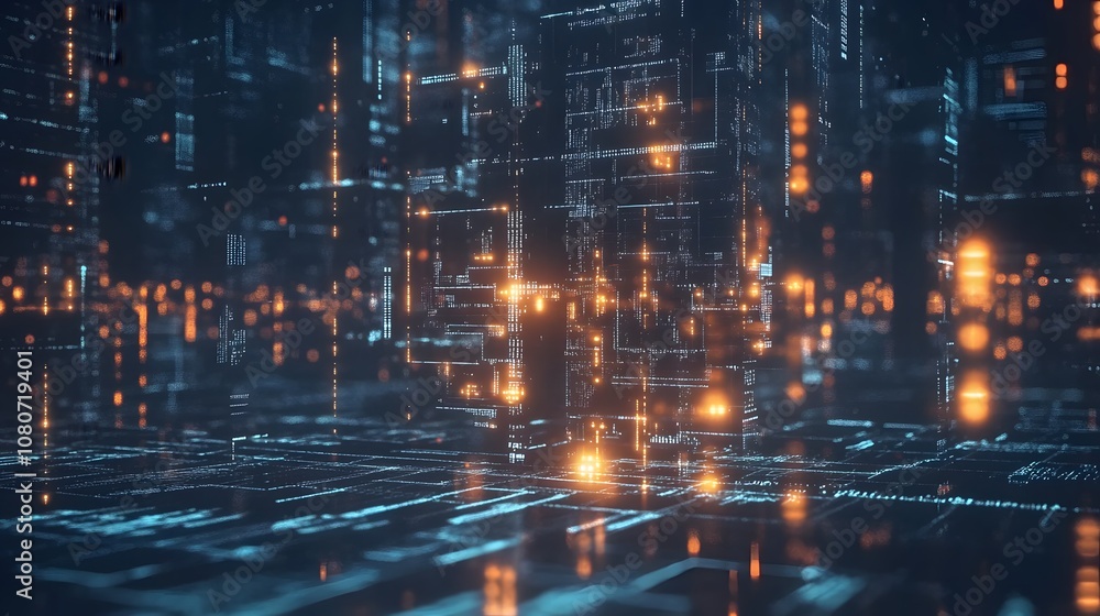 Poster A conceptual landscape of crumbling digital structures with glowing data streams, representing the fragile state of global economics in a futuristic dystopia. No text, no logo, wide angle shot, 4k