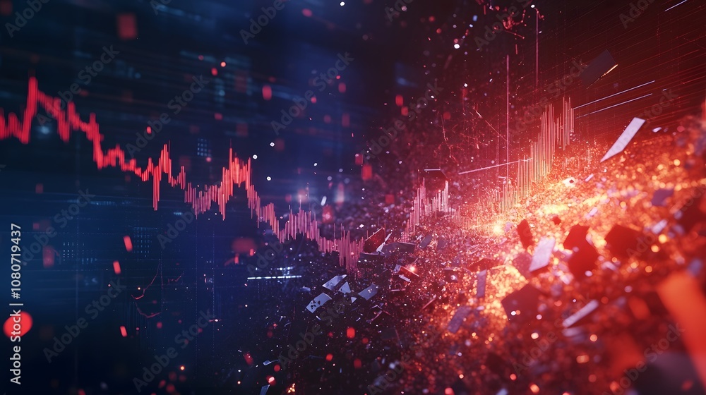 Poster an abstract composition of collapsing stock charts and broken financial symbols set against a dreaml