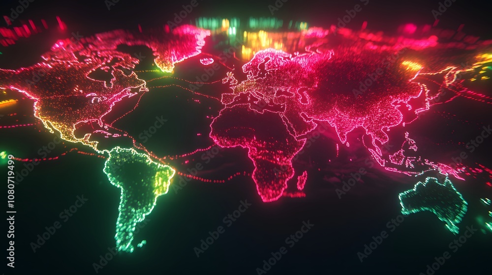 Poster A conceptual global map in neon lights, showing fragmented regions, visualizing the fragility of interconnected economies. No text, no logo, wide angle shot, 4k resolution, cinematic scene