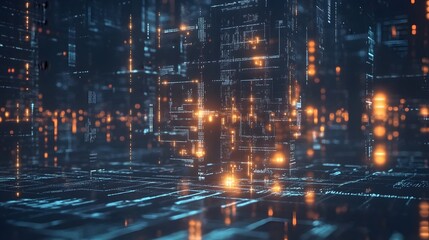 Naklejka premium A conceptual landscape of crumbling digital structures with glowing data streams, representing the fragile state of global economics in a futuristic dystopia. No text, no logo, wide angle shot, 4k