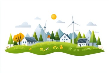 Naklejka premium Ecological alternative energy sources introduced. Clean, green cityscapes with renewable energy sources created. Distribution of energy, transmission.