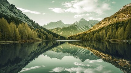 Fototapeta premium Serene reflections of majestic mountains alpine lake nature photography tranquil environment wide-angle view scenic beauty for nature lovers