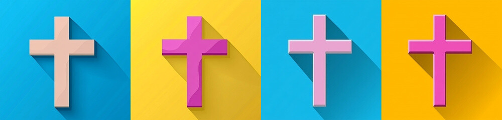 Obraz premium Christian border: crosses on multicolored backgrounds. Seamless pattern