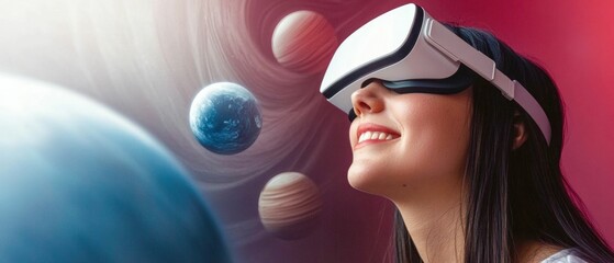 Naklejka premium Woman in Virtual Reality Headset Exploring Space