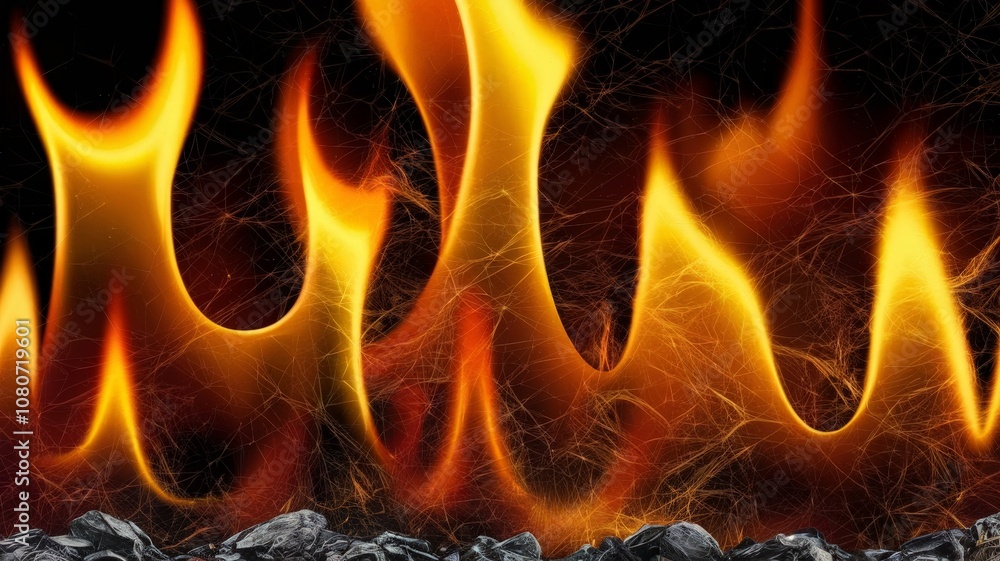 Poster dynamic flames igniting on charred surface abstract fire imagery dark environment close-up view inte