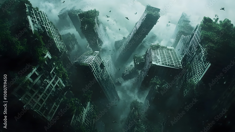 Poster Abstract digital blocks resembling crumbling skyscrapers, symbolizing the end of a hyper-globalized world in a surreal sci-fi setting. No text, no logo, wide angle shot, 4k resolution, cinematic scene