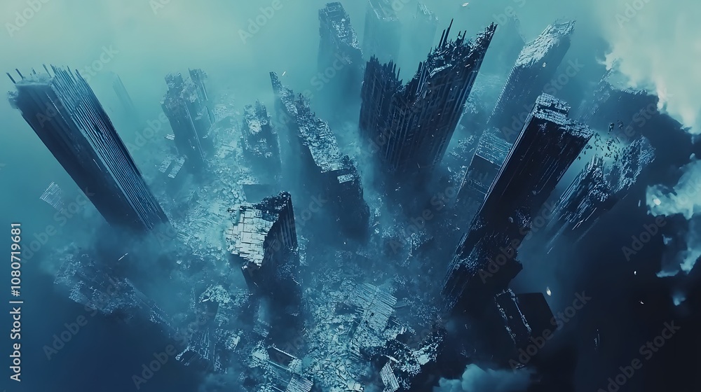 Poster abstract digital blocks resembling crumbling skyscrapers, symbolizing the end of a hyper-globalized 