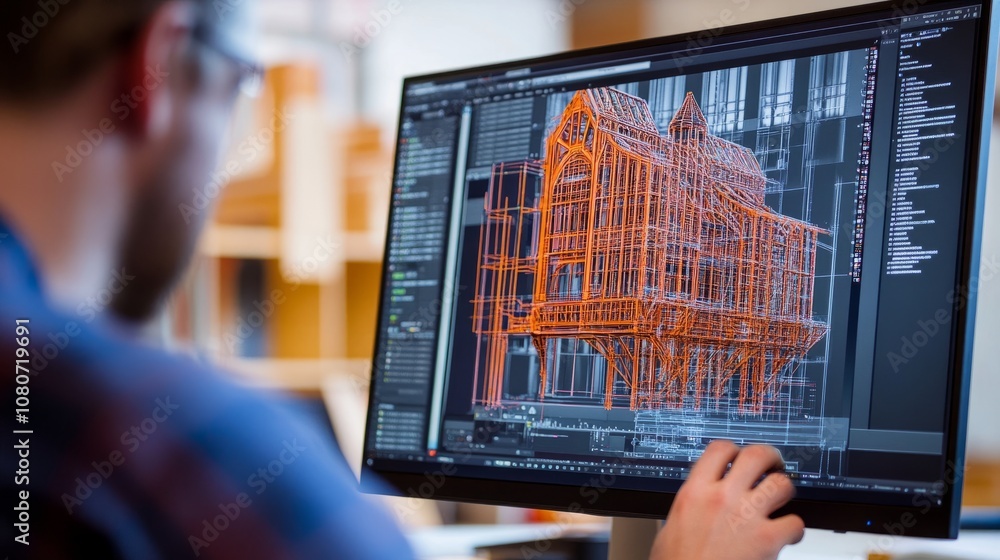 Poster close-up of a computer screen displaying a 3d cad model, with an engineer's hand adjusting the desig