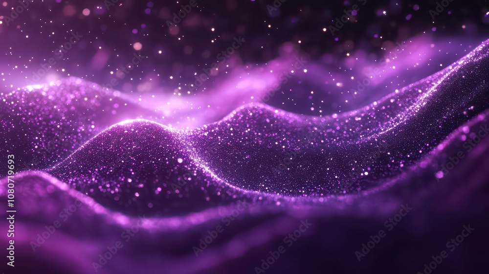 Poster abstract purple and pink wave background with glowing particles.