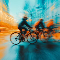 Cycling in the city. Motion blurred people riding bicycles in the city. Urban cycling
